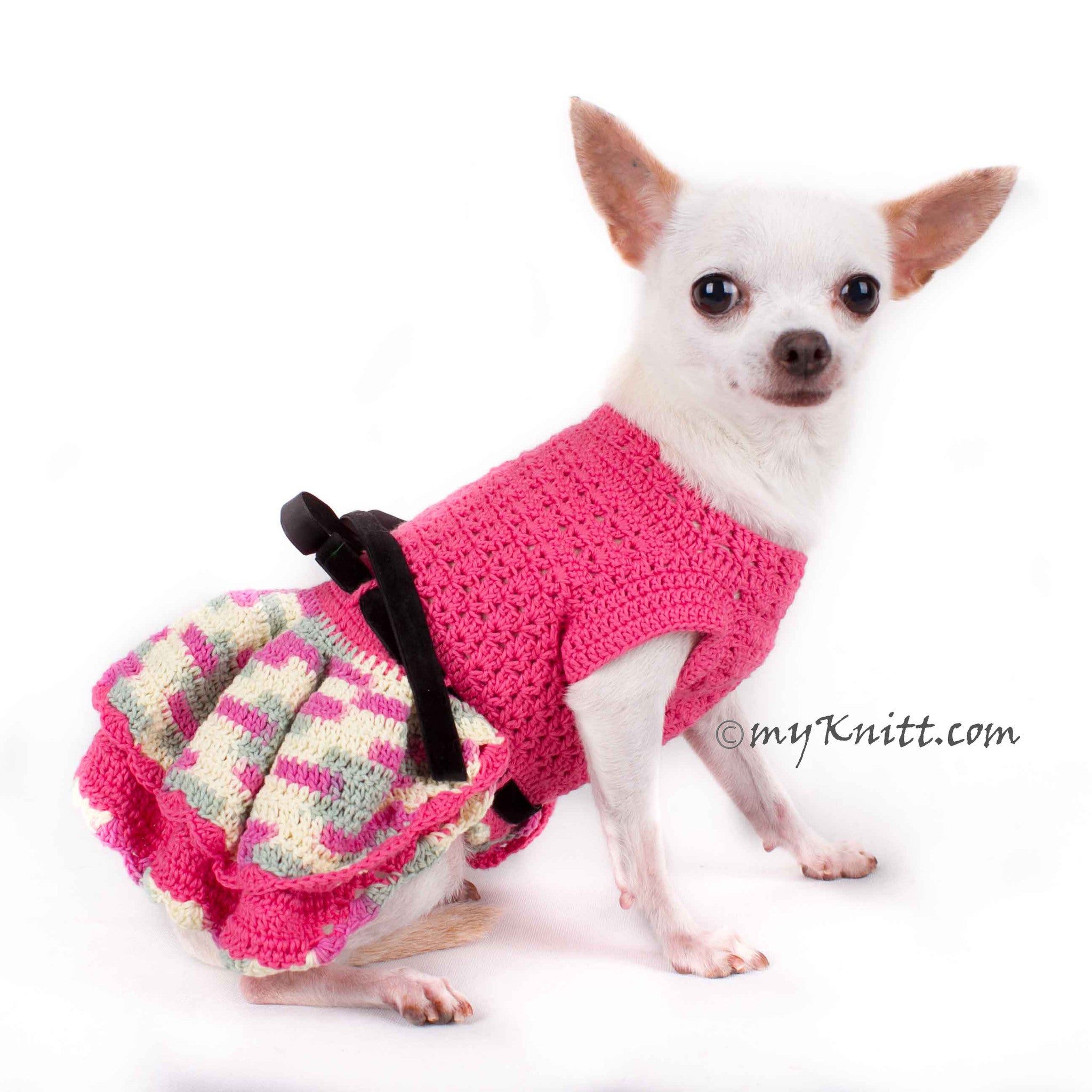 Beautiful Pink Dog Dress Black Ribbon Crocheted Ruffle Skirts DF86 by Myknitt