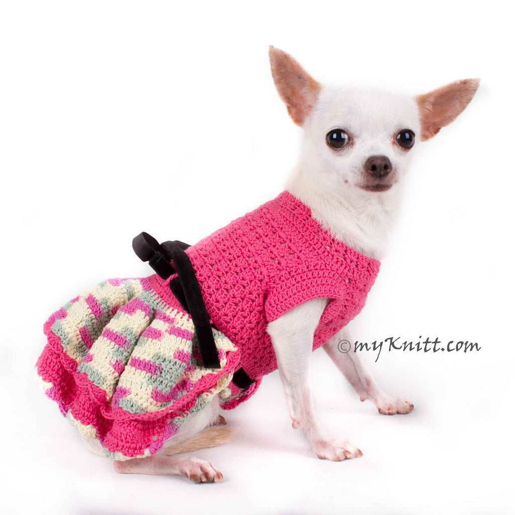 Beautiful Pink Dog Dress Black Ribbon Crocheted Ruffle Skirts DF86