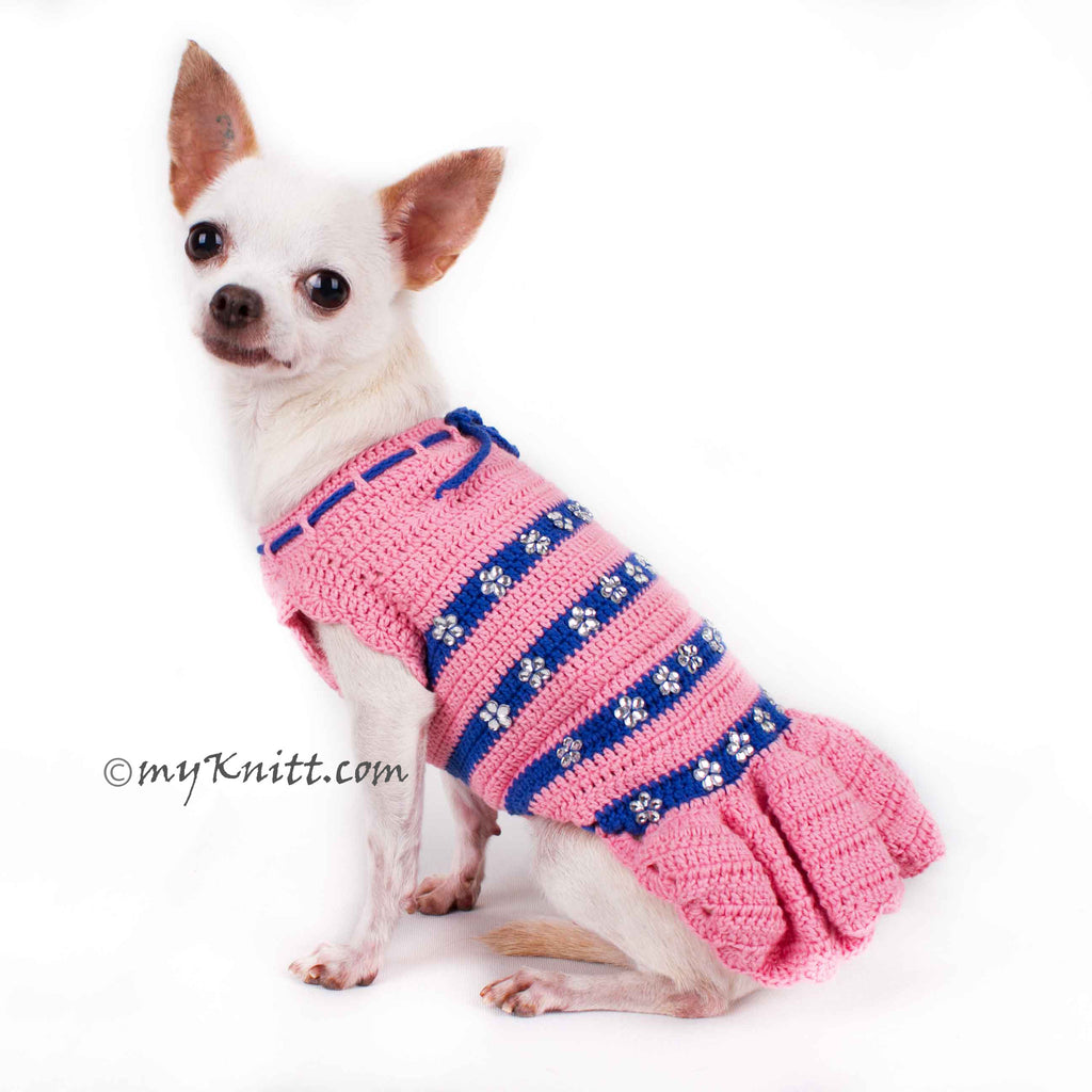 Pink Blue Summer Dog Dress Handmade Crochet with Crystal Flower DF87
