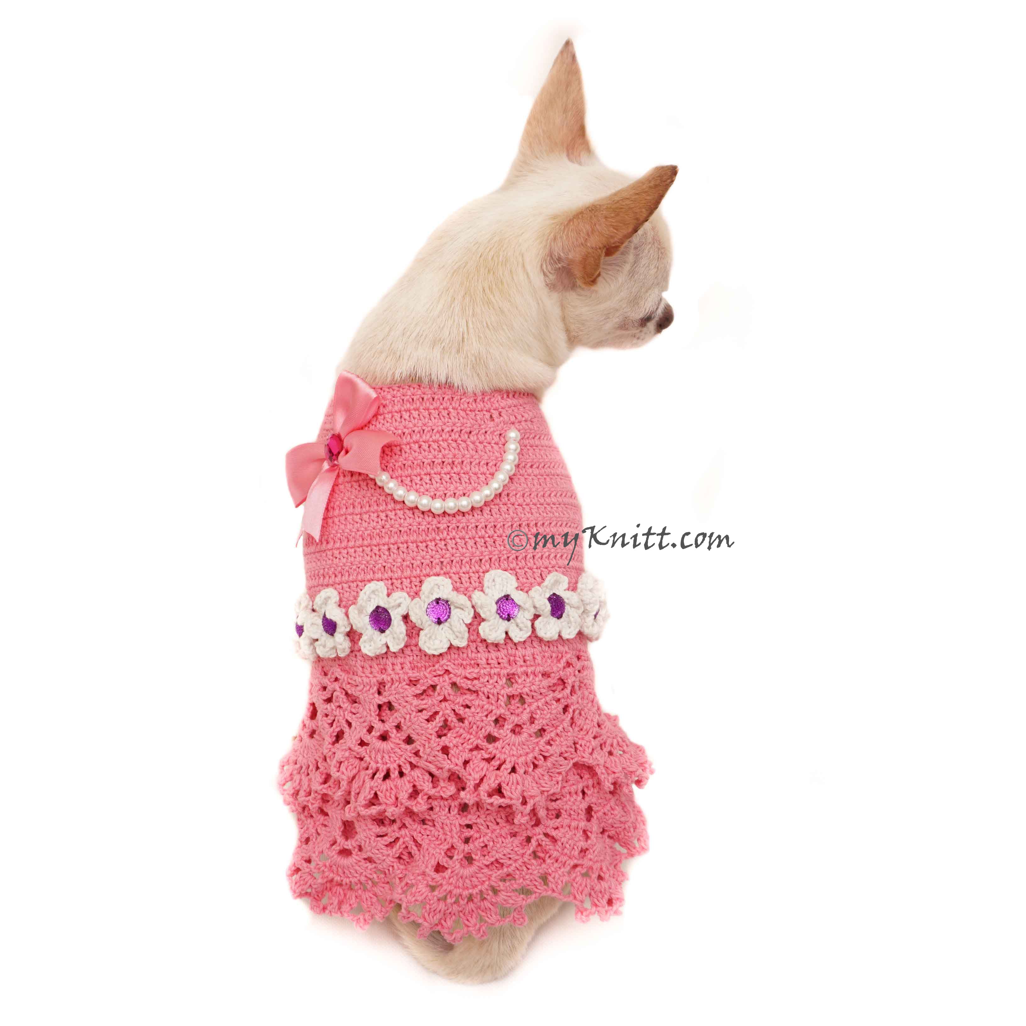 Pink Peach Dog Dress with Bow and Pearls Girly Elegant Pet Dress DF93 by Myknitt