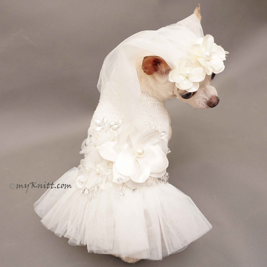 White Bridal Wedding Dog Dress with White Veil Hand Crochet DF95