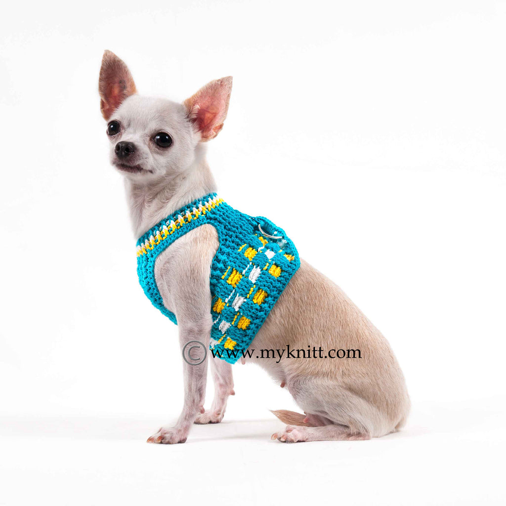 Turquoise Dog Harness Vest with Velcro Strap Cotton Crochet DH52