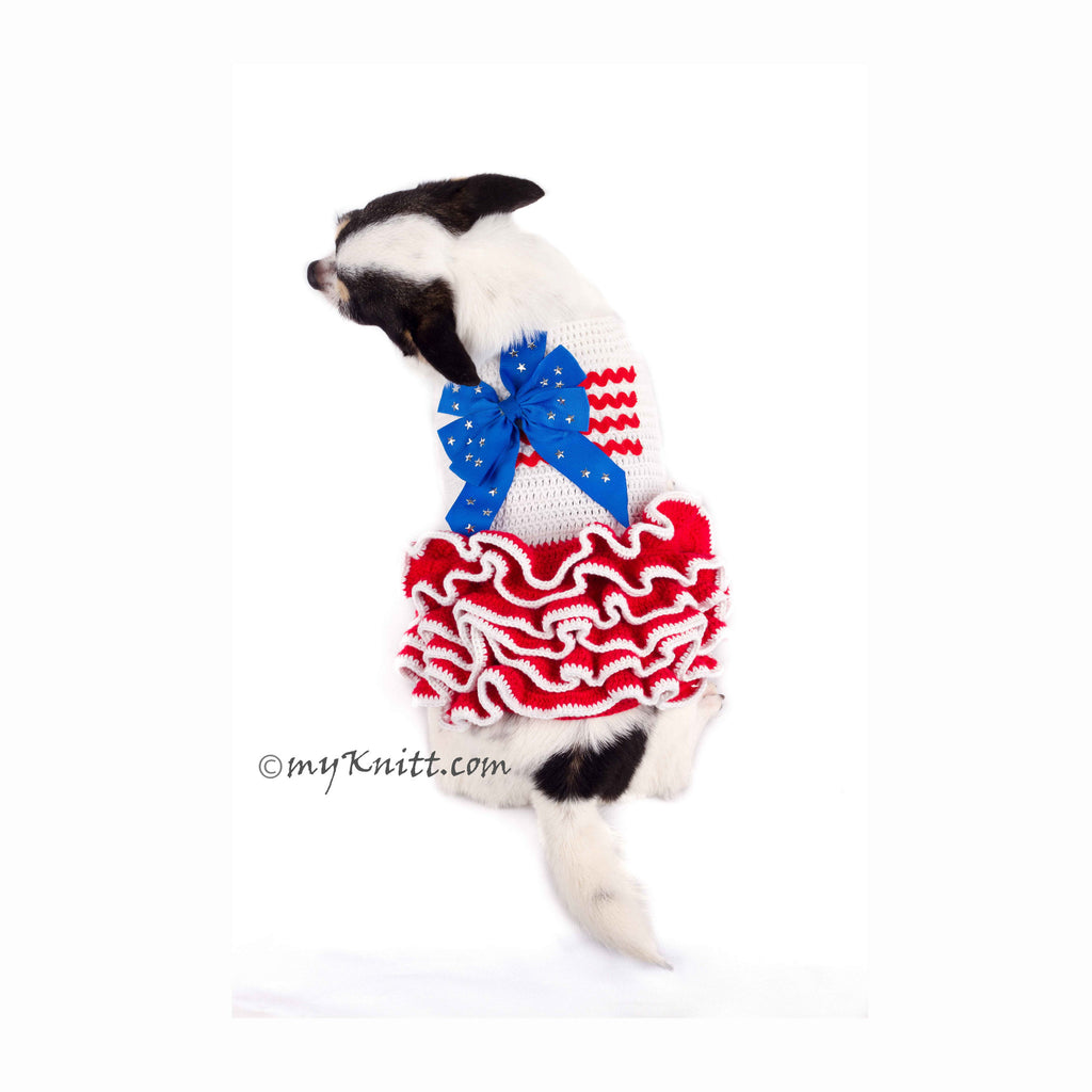 Ruffle Dog Dress 4th July Red White Blue with Star Ribbon DK791