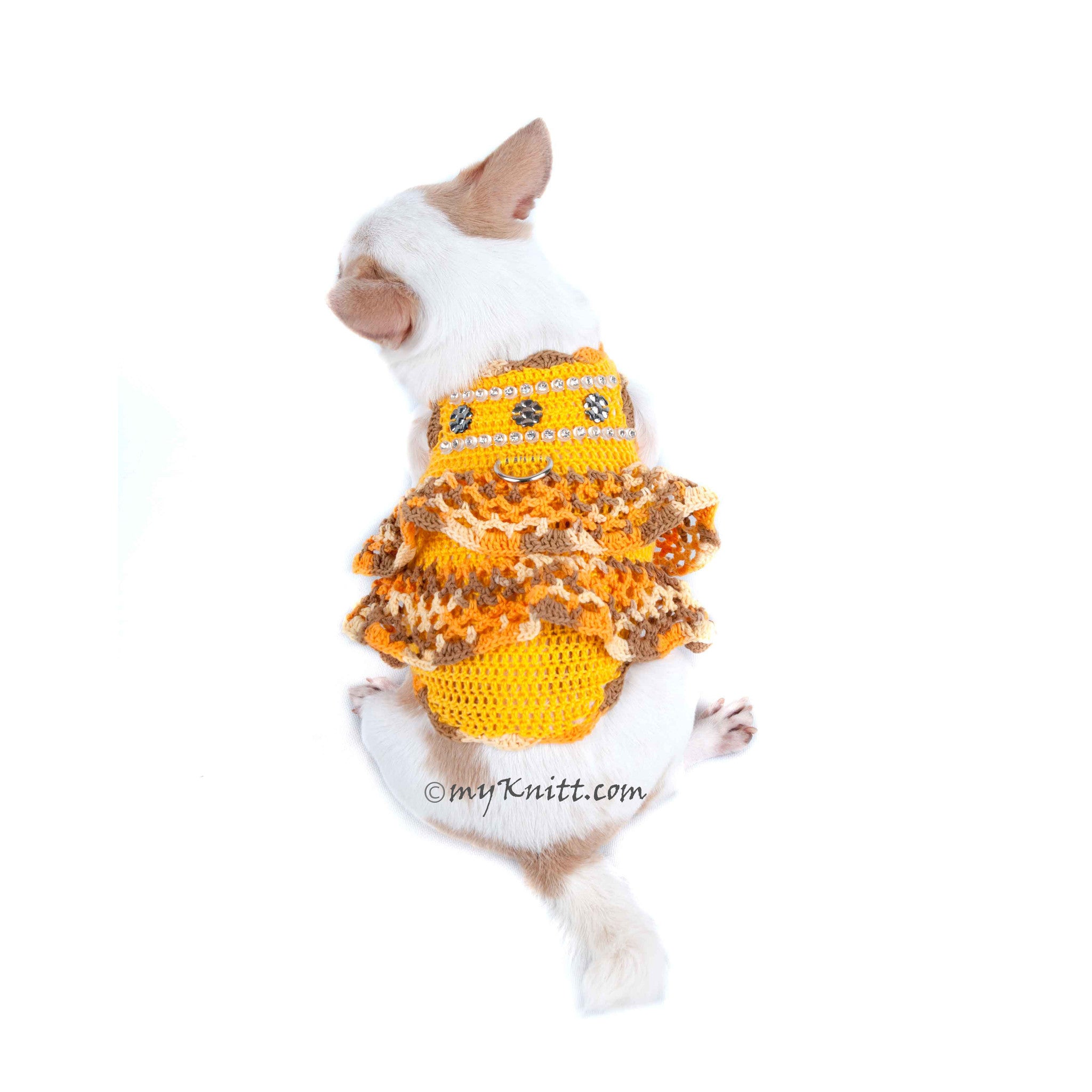 Ruffle Crochet Dog Dress Rhinestones Pet Harness DK912 Myknitt