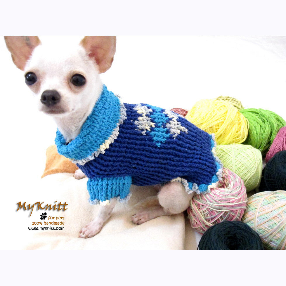 Unique Blue Argyle Dog Sweater Crocheted Chihuahua Clothes DK854