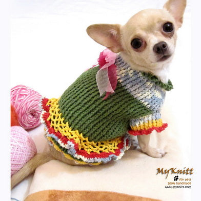Unique Crocheted Chihuahua Sweater Ruffled Dress DK867 by Myknitt