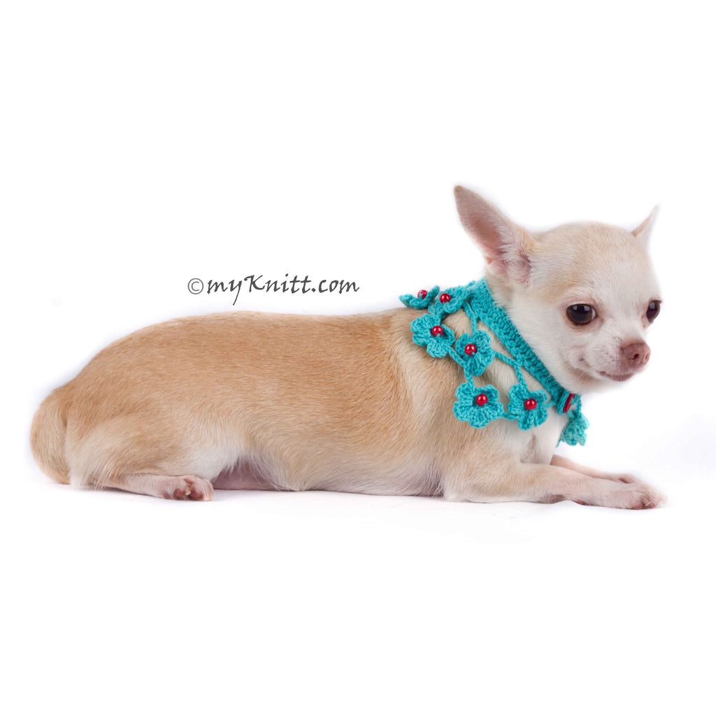 Turquoise Dog Shawl Unique Crocheted Pet Scarf with Pearls DN20