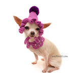 Purple Dog Collar, Purple Dog Hat Pom Pom, Dog Beanie with Pom Pom, Myknitt 