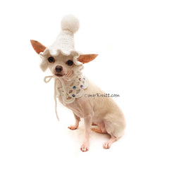 White Dog Bandanna, White Dog Scarf Crochet, White Pom Pom Dog Hat Crochet, DN26